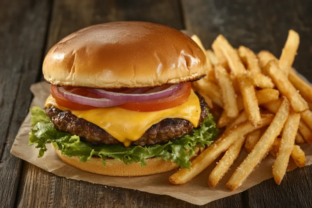 cheeseburger and fries