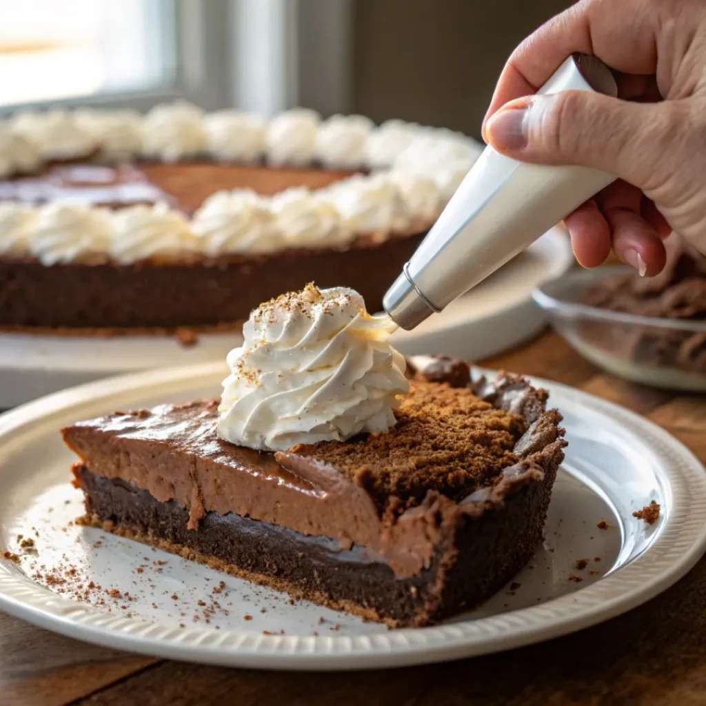 Adding whipped cream to Mississippi Mud Pie