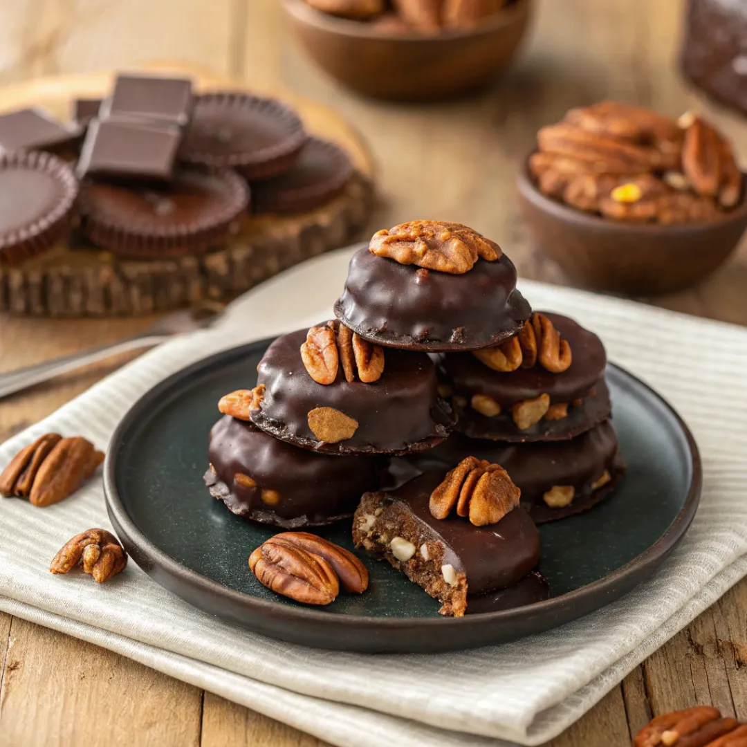 Plate of glossy chocolate pecan clusters stacked on a rustic table