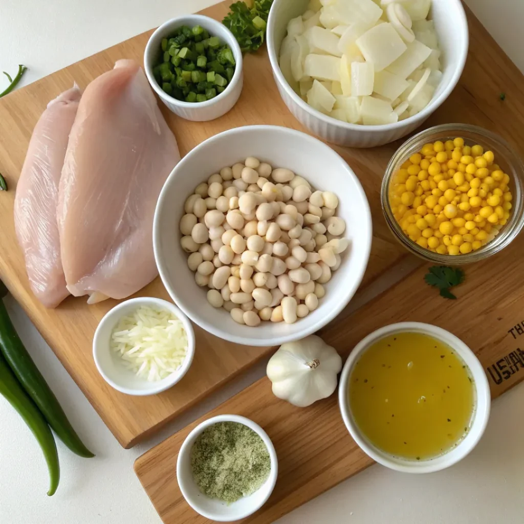 Ingredients for Crockpot White Chicken Chili including chicken, beans, corn, chilies, and cream cheese