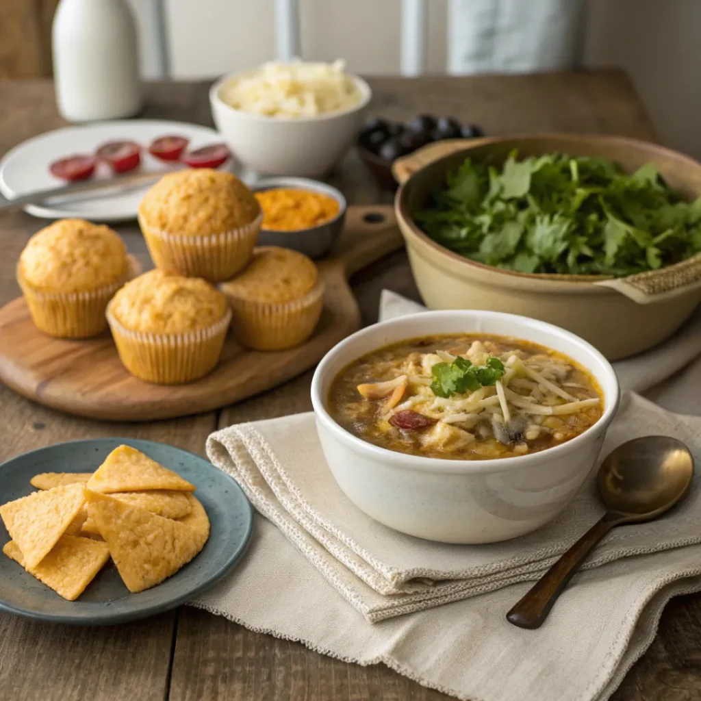 Crockpot White Chicken Chili served with cornbread, tortilla chips, and salad