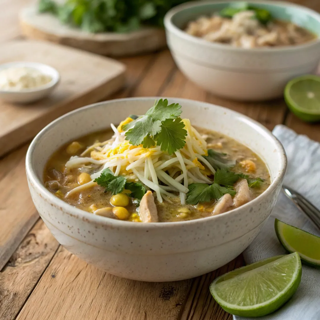 Bowl of creamy Crockpot White Chicken Chili garnished with cheese, cilantro, and lime