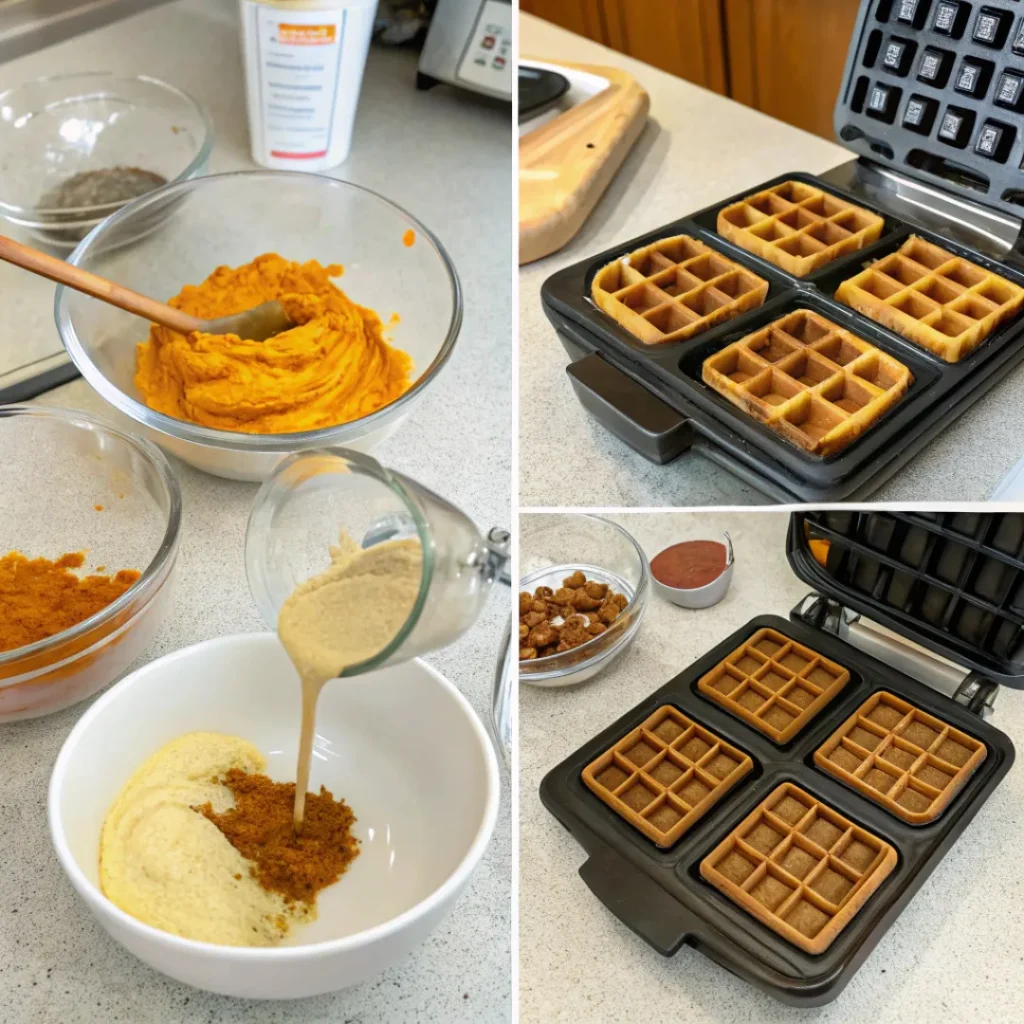 Easy Pumpkin Waffles Recipe You’ll Make All Season Long 7 A four-panel grid showing the process of making pumpkin waffles. The first image shows pumpkin puree being mixed, the second shows a batter being mixed, the third shows four waffles in a waffle maker, and the final image shows a slightly darker batch of waffles in the same machine.