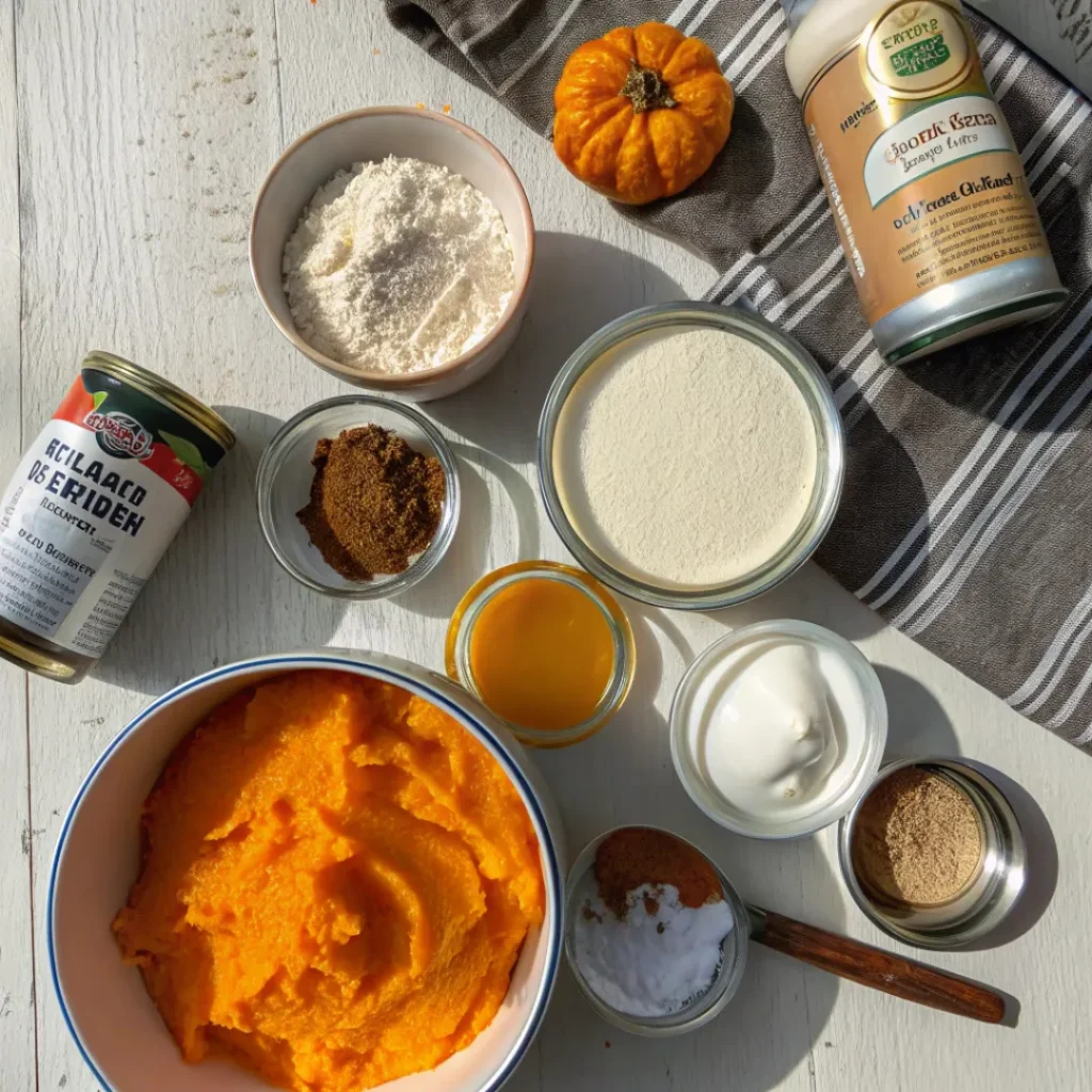 Ingredients for pumpkin mousse including pumpkin puree, cream, and spices