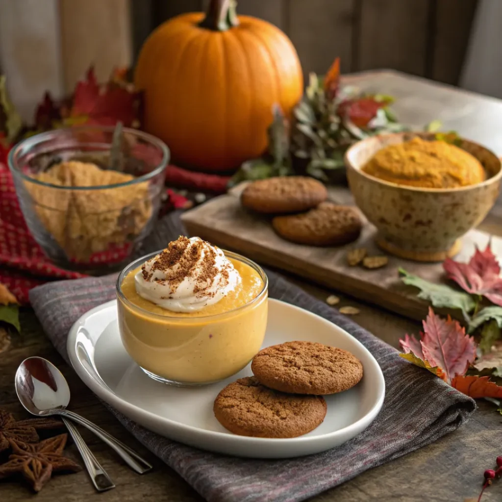 Pumpkin mousse served with cookies and a chai latte on a rustic table