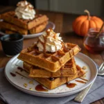 Easy Pumpkin Waffles Recipe You’ll Make All Season Long 9 A stack of pumpkin spice waffles topped with whipped cream, caramel drizzle, and a sprinkle of nuts, served on a white plate. In the background, there's a second plate of waffles, a small pumpkin, and a cup of coffee.