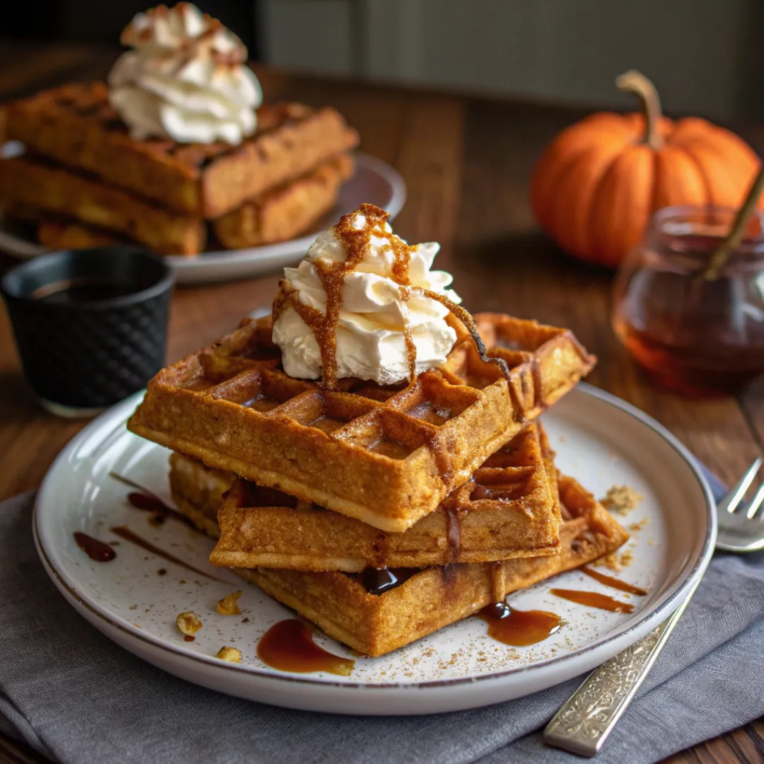 A stack of pumpkin spice waffles topped with whipped cream, caramel drizzle, and a sprinkle of nuts, served on a white plate. In the background, there's a second plate of waffles, a small pumpkin, and a cup of coffee.