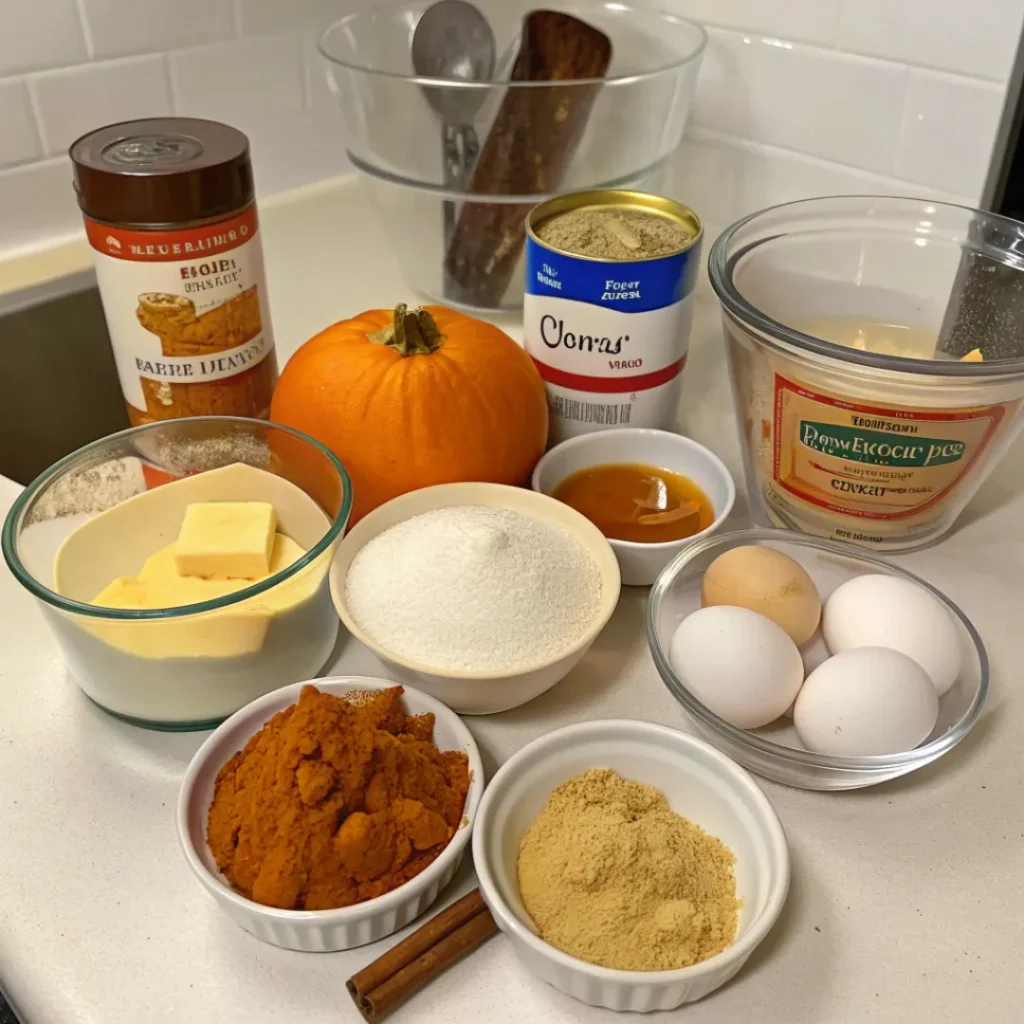 Easy Pumpkin Waffles Recipe You’ll Make All Season Long 6 A top-down view of baking ingredients for a pumpkin-themed recipe laid out on a white kitchen counter. The ingredients include a whole pumpkin, several small bowls of pumpkin puree, flour, sugar, and brown sugar, a bowl of butter, four eggs, a jar of honey or syrup, and a couple of spice containers.