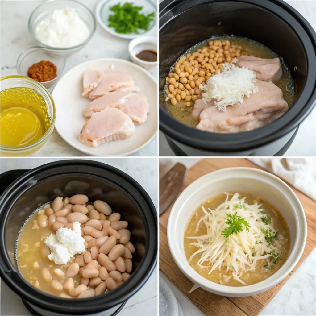 Step-by-step process of cooking Crockpot White Chicken Chili in a slow cooker