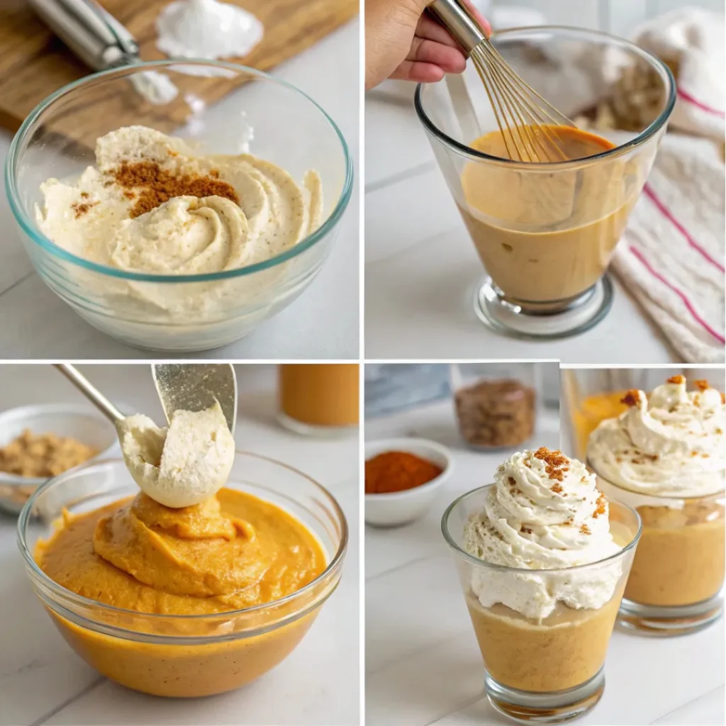 Step-by-step process of making pumpkin mousse from mixing to serving