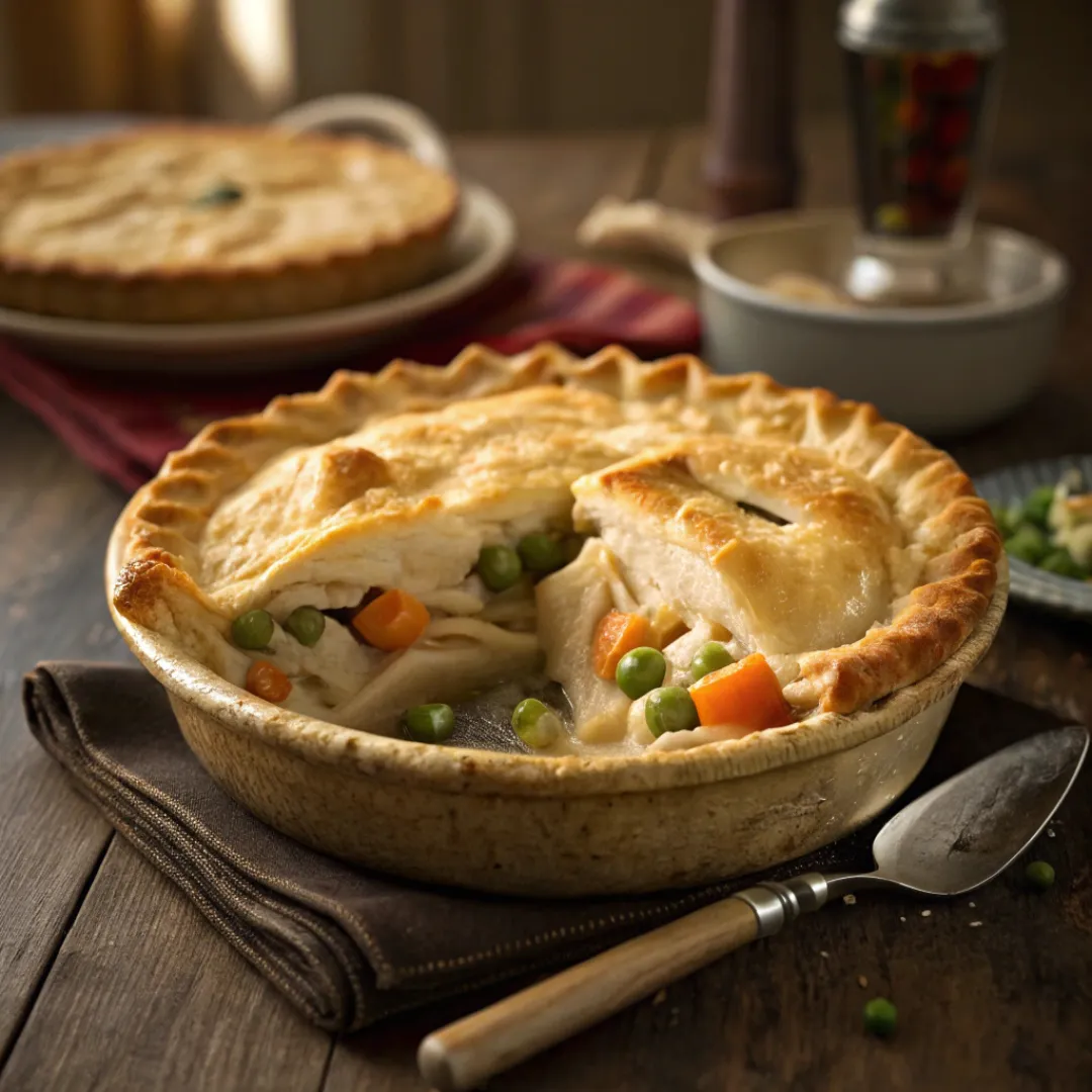 Turkey pot pie with a flaky golden crust and creamy filling of turkey and vegetables