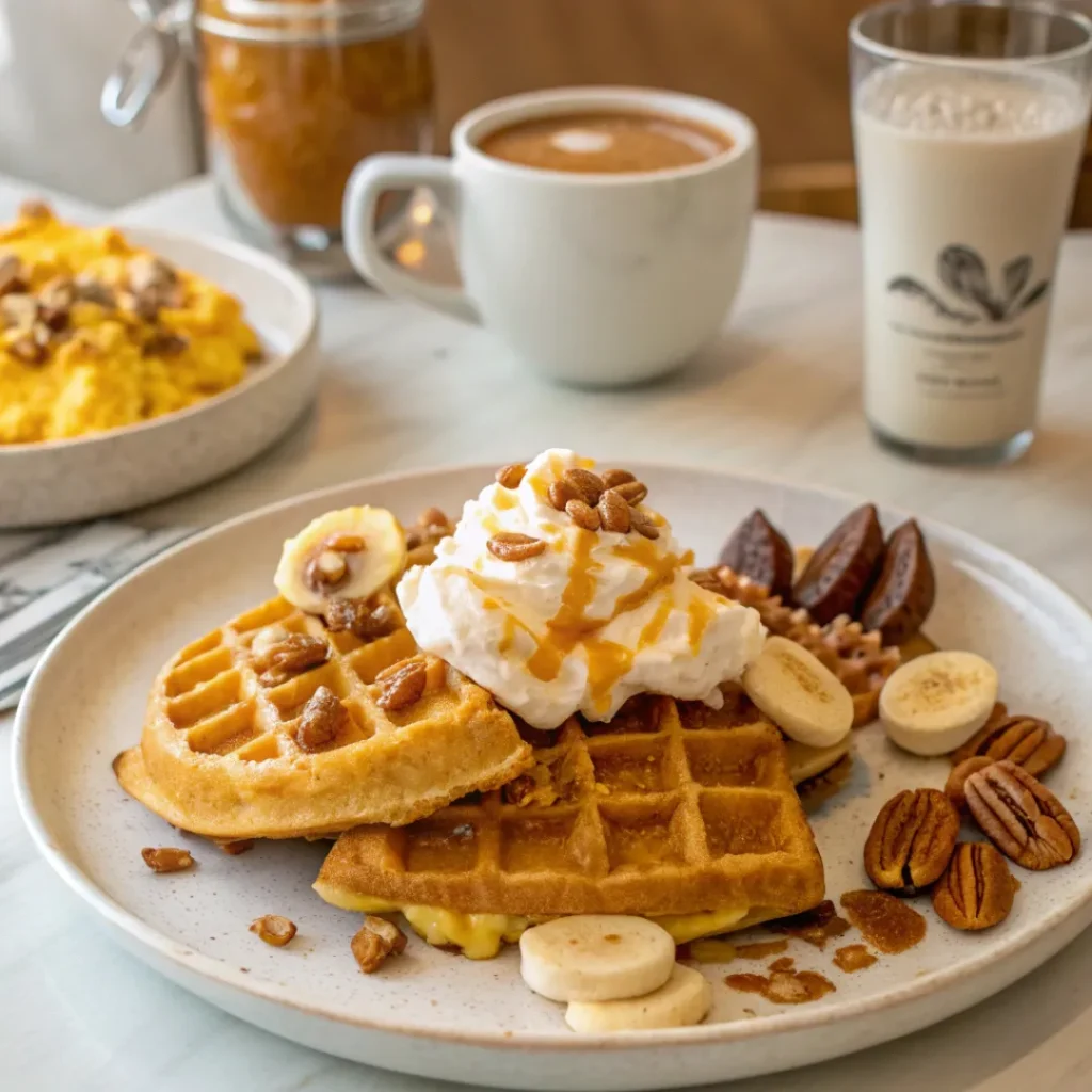 Easy Pumpkin Waffles Recipe You’ll Make All Season Long 8 A plate with two golden waffles topped with whipped cream, caramel drizzle, and chopped nuts. The plate is garnished with banana slices, dates, and pecans. In the background, there is a mug of coffee, a glass of milk, and a bowl of what appears to be scrambled eggs.