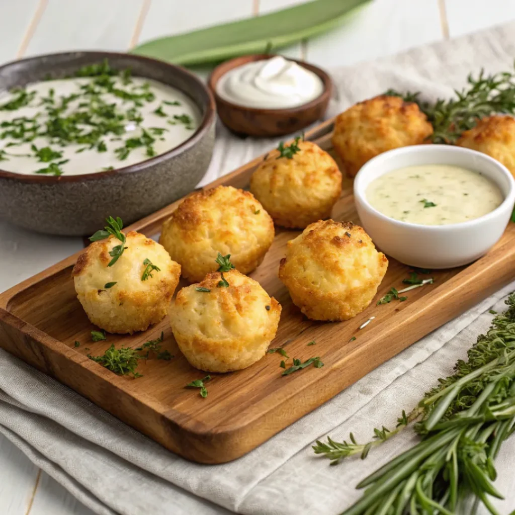 Mashed Potato Cheese Puffs with dipping sauces