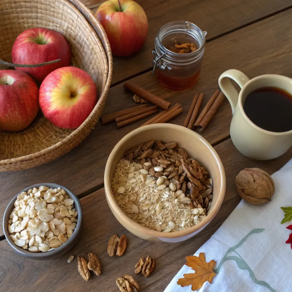 Ingredients for apple cider granola including oats, dried apples, nuts, and spices