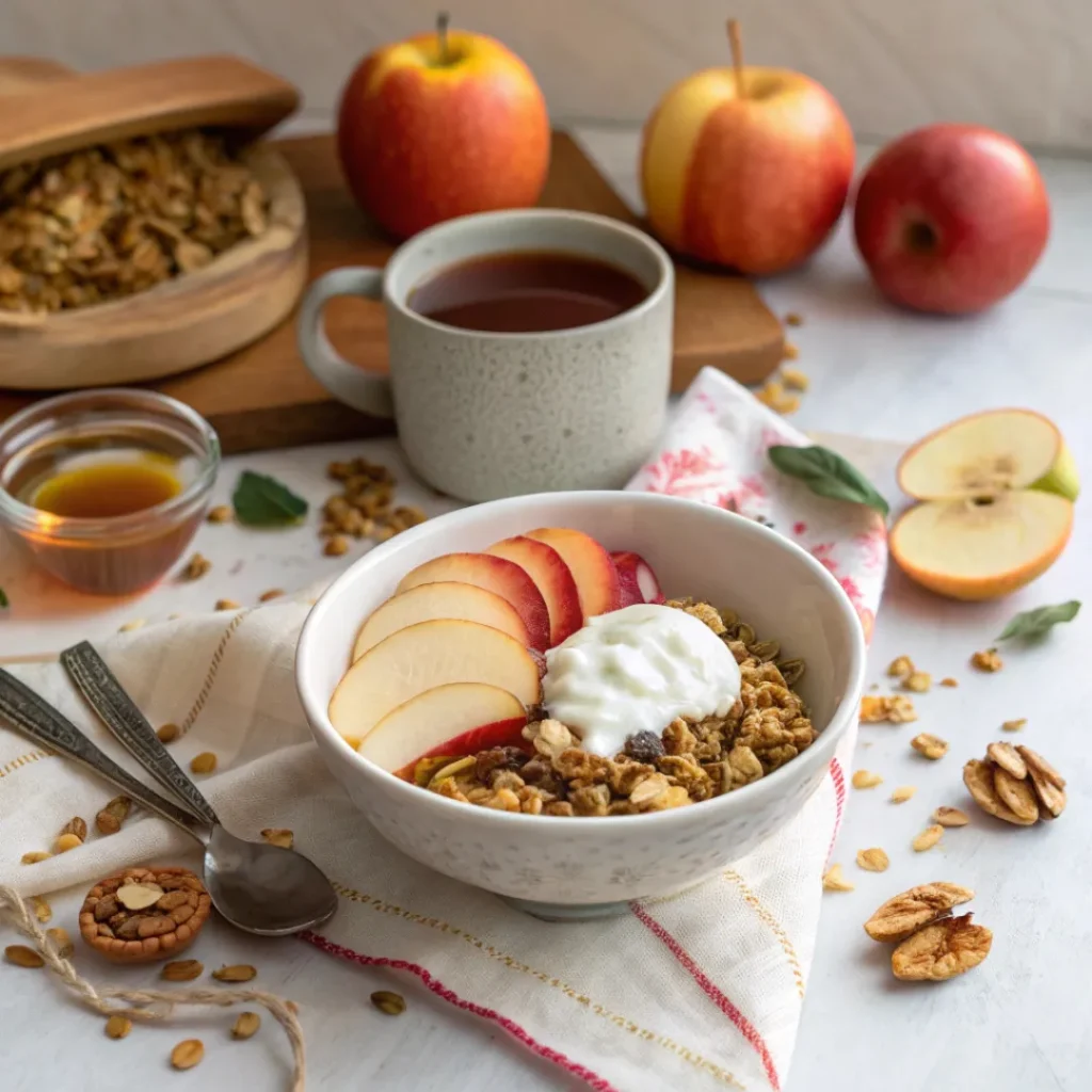 Apple cider granola served with yogurt, apples, and hot cider