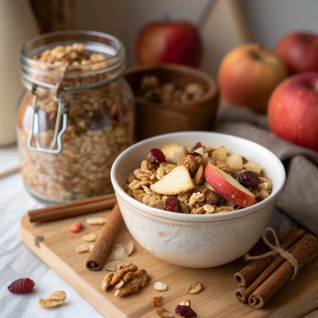 Bowl and jar of apple cider granola with oats, apples, and nuts