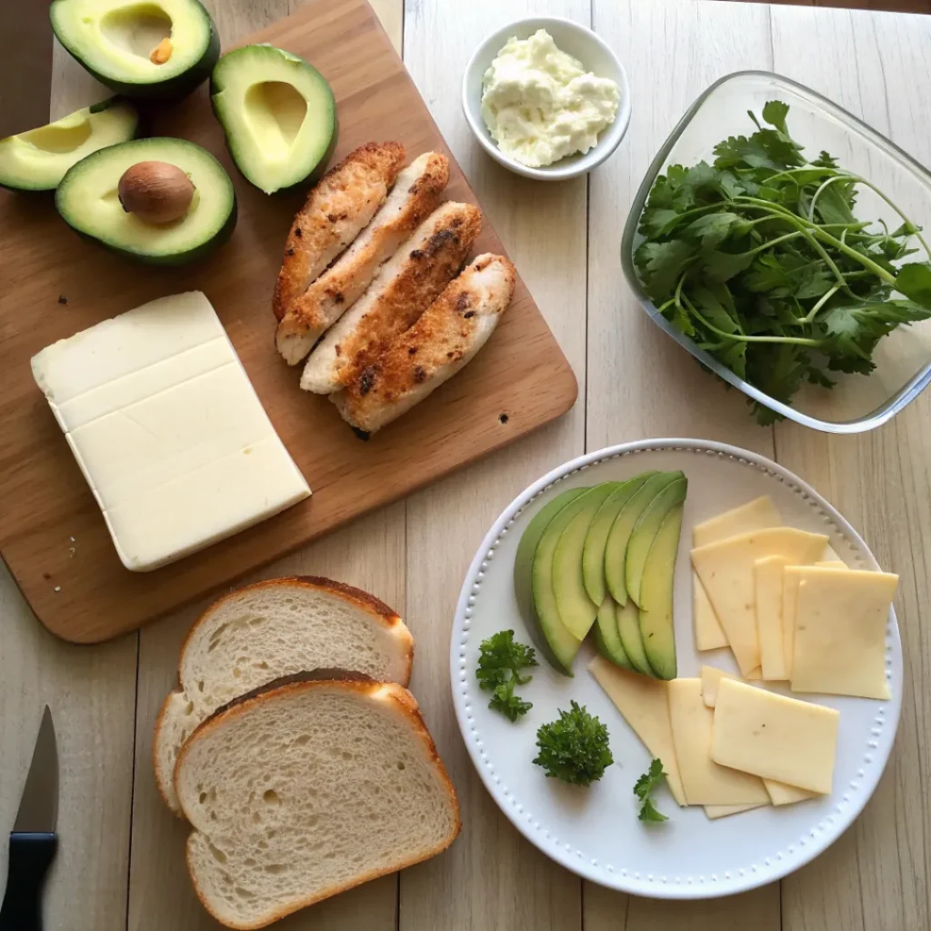 Ingredients for chicken avocado melt sandwich including bread, chicken, avocado, and cheese
