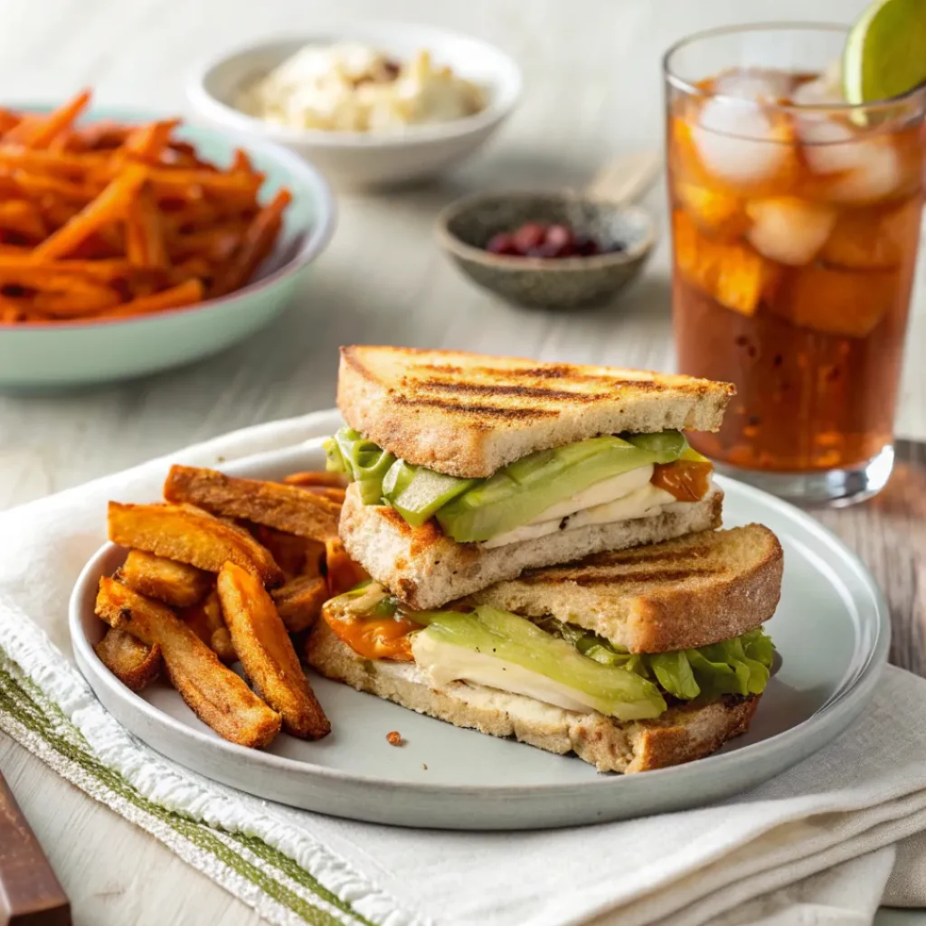 Chicken avocado melt sandwich served with sweet potato fries and iced tea