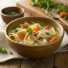 Bowl of chicken noodle soup with carrots, celery, and herbs