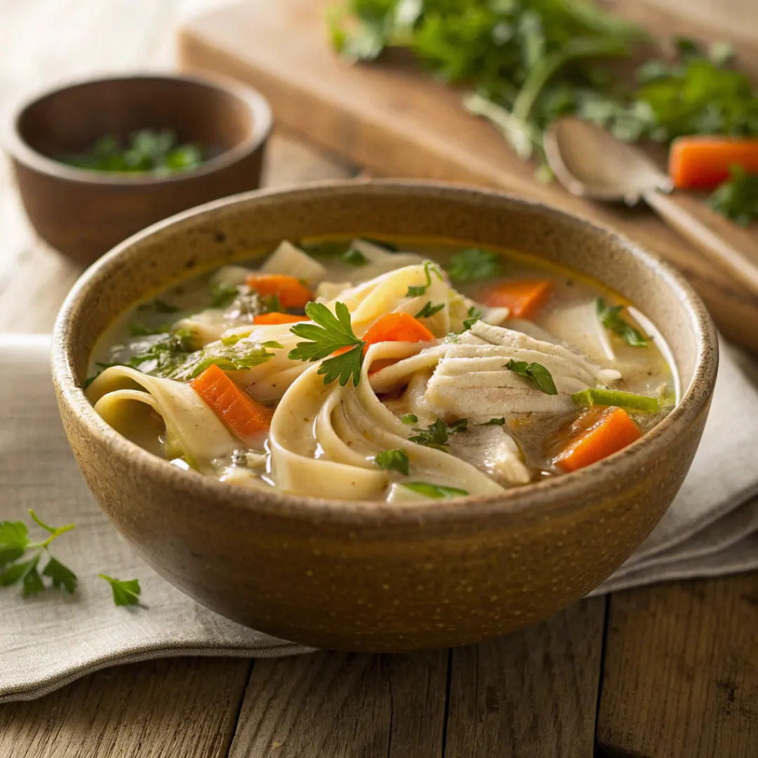 Bowl of chicken noodle soup with carrots, celery, and herbs