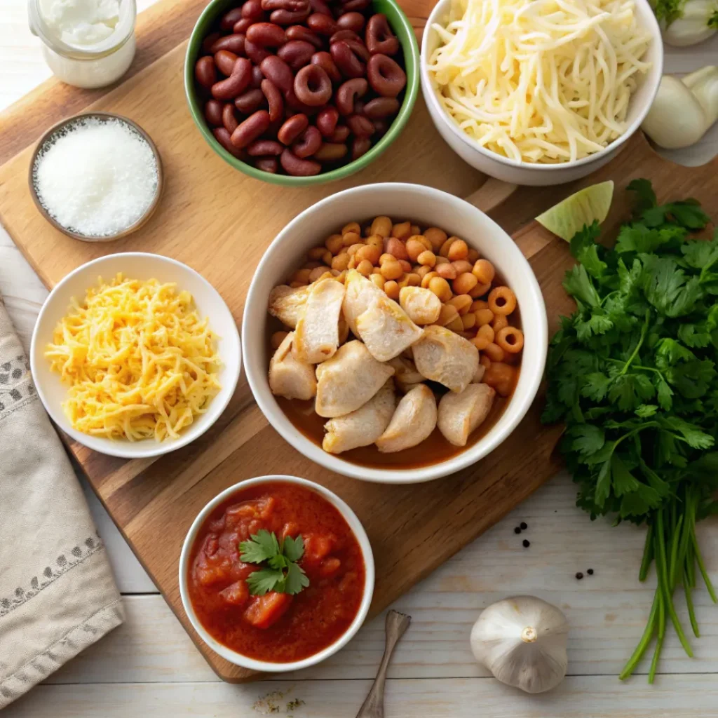 Ingredients for chili chicken mac skillet including pasta, chicken, beans, and spices