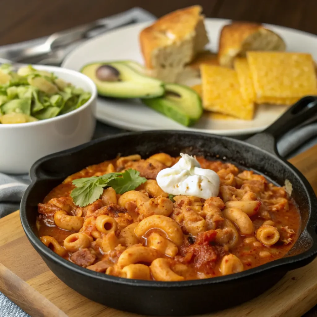 Chili chicken mac skillet served with cornbread