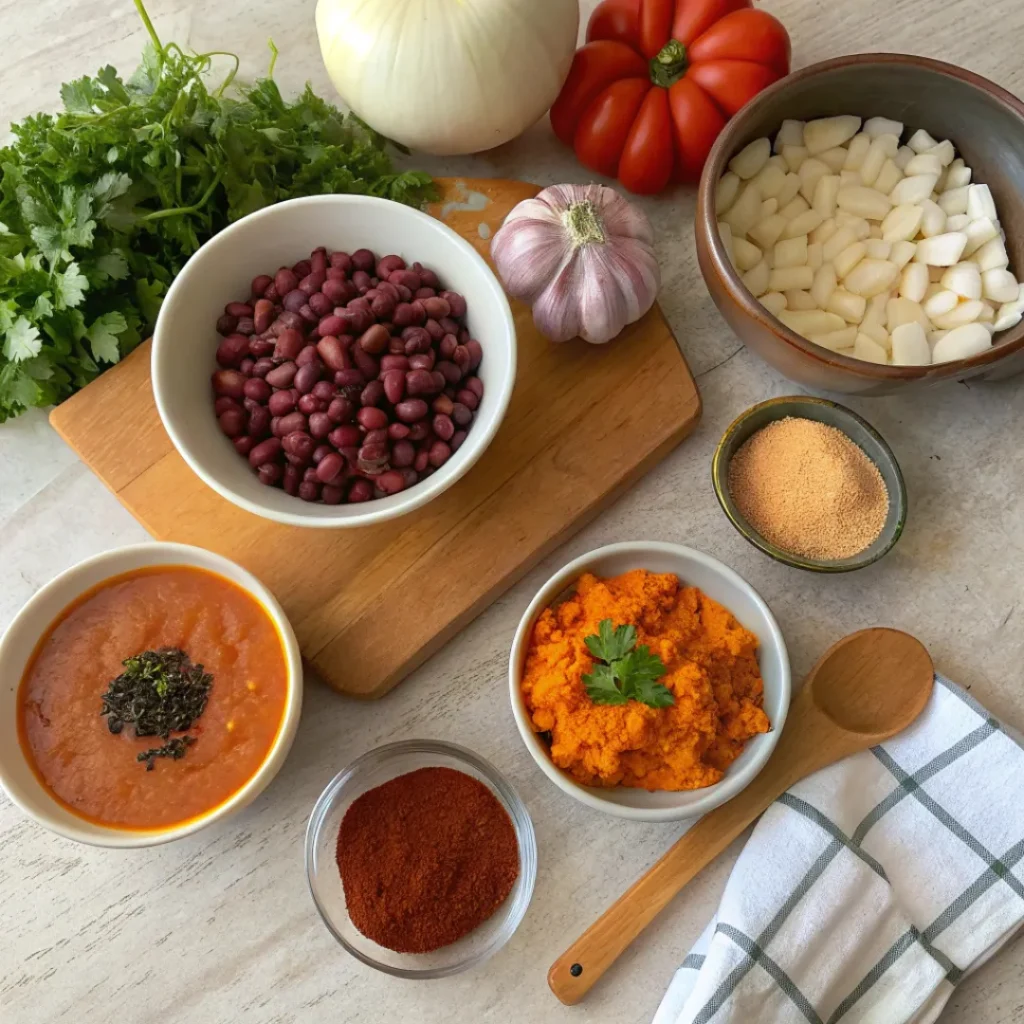 Pumpkin Chili with Beans and Spices – Cozy Fall Comfort Food 6 Ingredients for pumpkin chili including beans, pumpkin, tomatoes, and spices