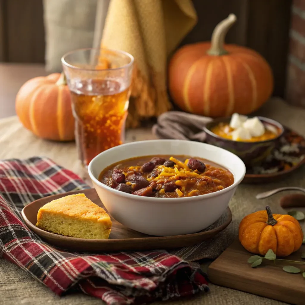 Pumpkin Chili with Beans and Spices – Cozy Fall Comfort Food 8 Pumpkin chili served with cornbread and iced tea on a fall table