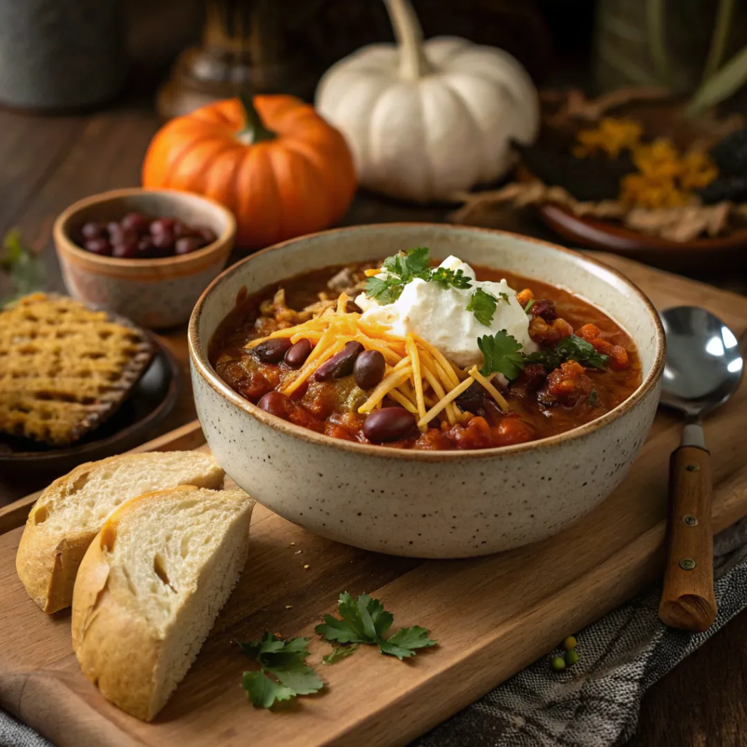Bowl of pumpkin chili with beans, topped with cheese, sour cream, and cilantro