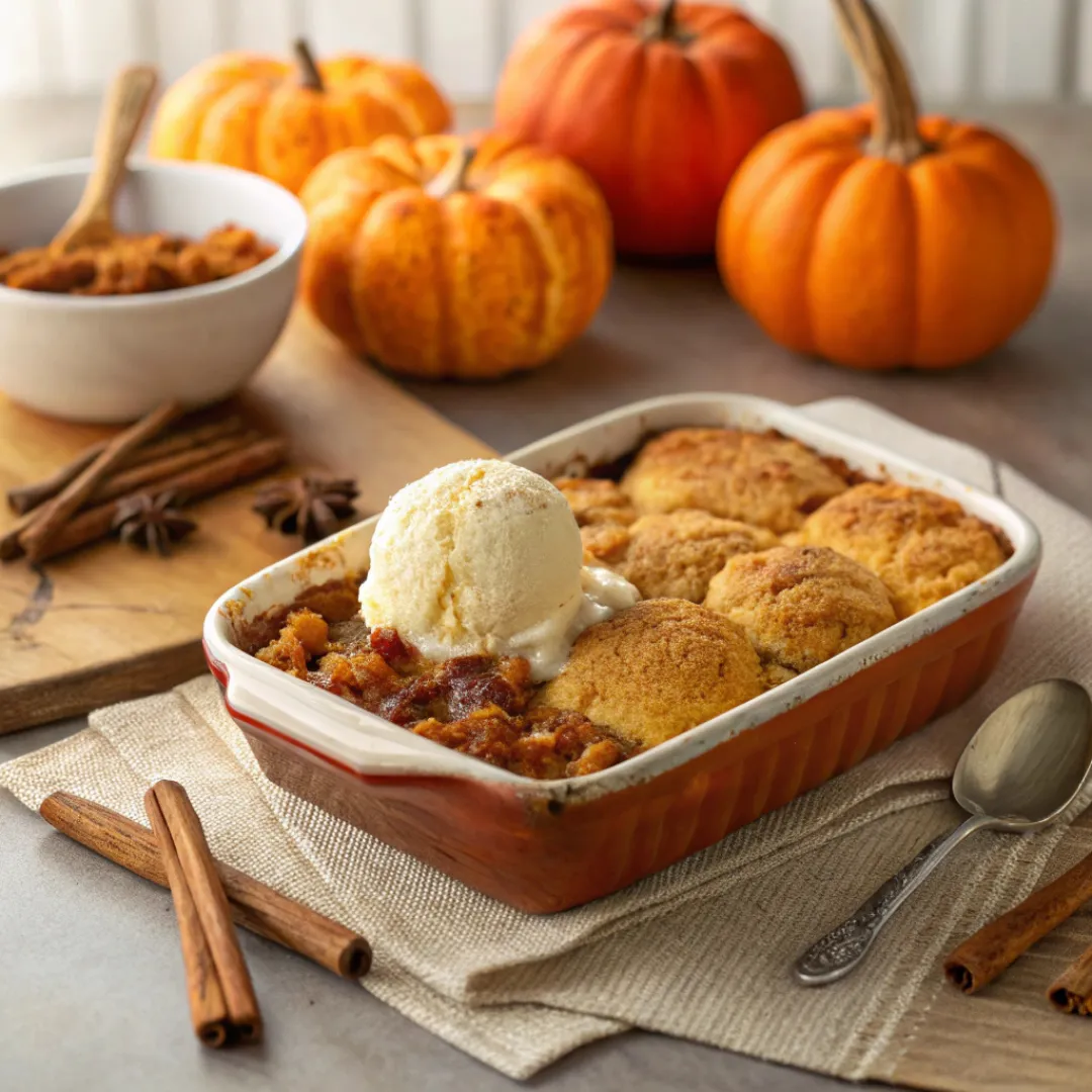 Pumpkin cobbler with golden topping and vanilla ice cream in a rustic dish