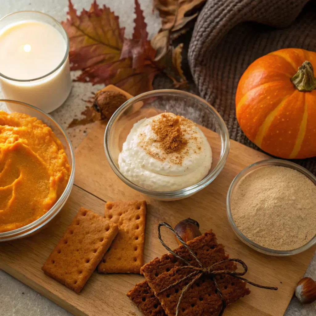 Pumpkin Lush – Creamy Layered Fall Dessert 6 Ingredients for pumpkin lush including pumpkin puree, cream cheese, pudding mix, and whipped topping