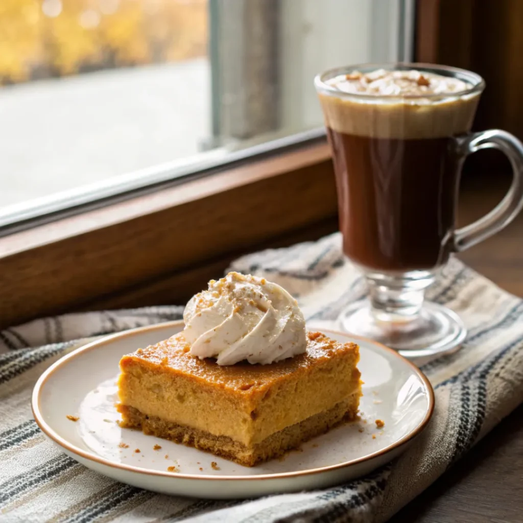 Pumpkin Lush – Creamy Layered Fall Dessert 8 Pumpkin lush dessert served with coffee on a fall-themed table