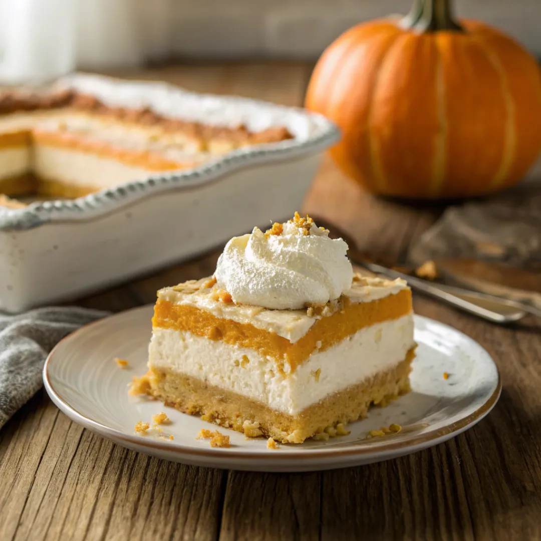 Slice of pumpkin lush dessert with layers of pumpkin pudding, cream cheese, and whipped topping