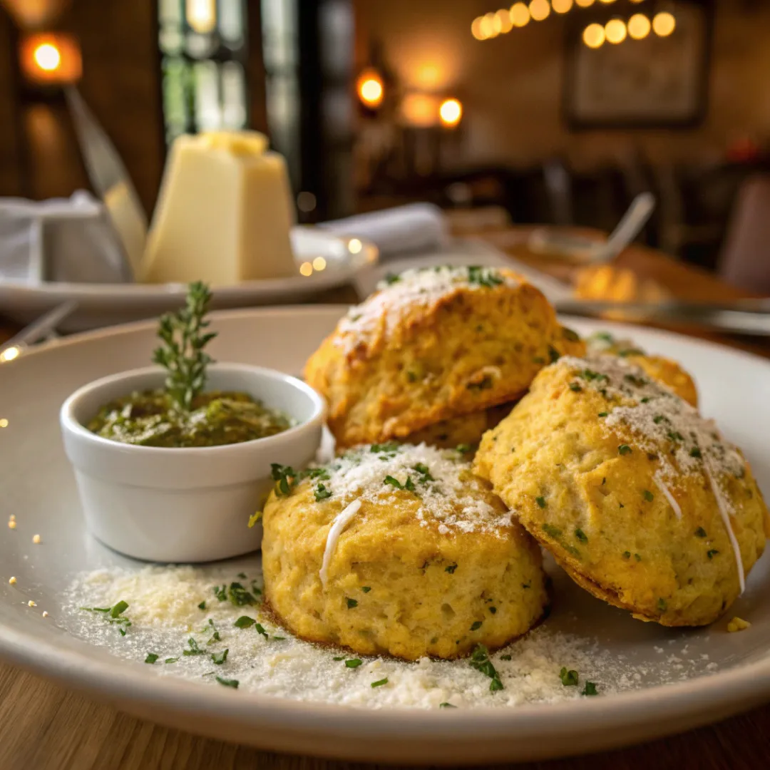 Pumpkin parmesan scones on a tray with grated Parmesan and herb butter