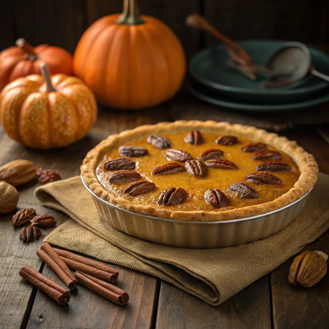 Pumpkin pecan pie with golden crust and glossy pecans on top