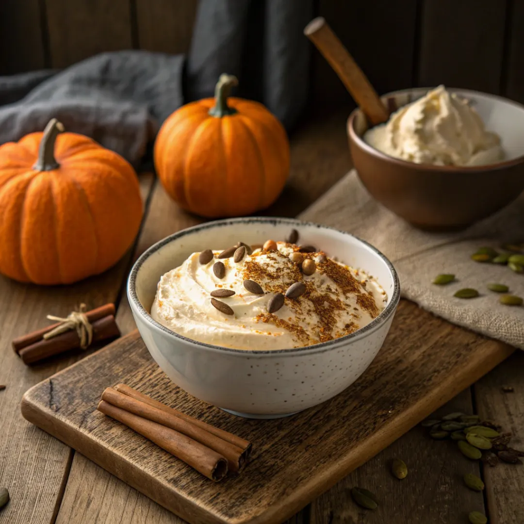 Bowl of pumpkin whipped cottage cheese topped with cinnamon and pumpkin seeds