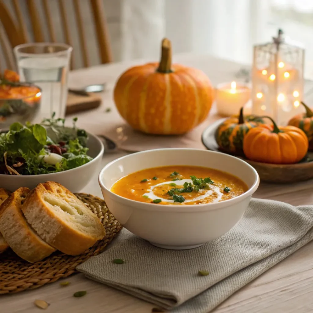 Savory Roasted Pumpkin Soup – Perfect Fall Dinner 8 Roasted pumpkin soup with toasted bread and salad on a fall-themed table