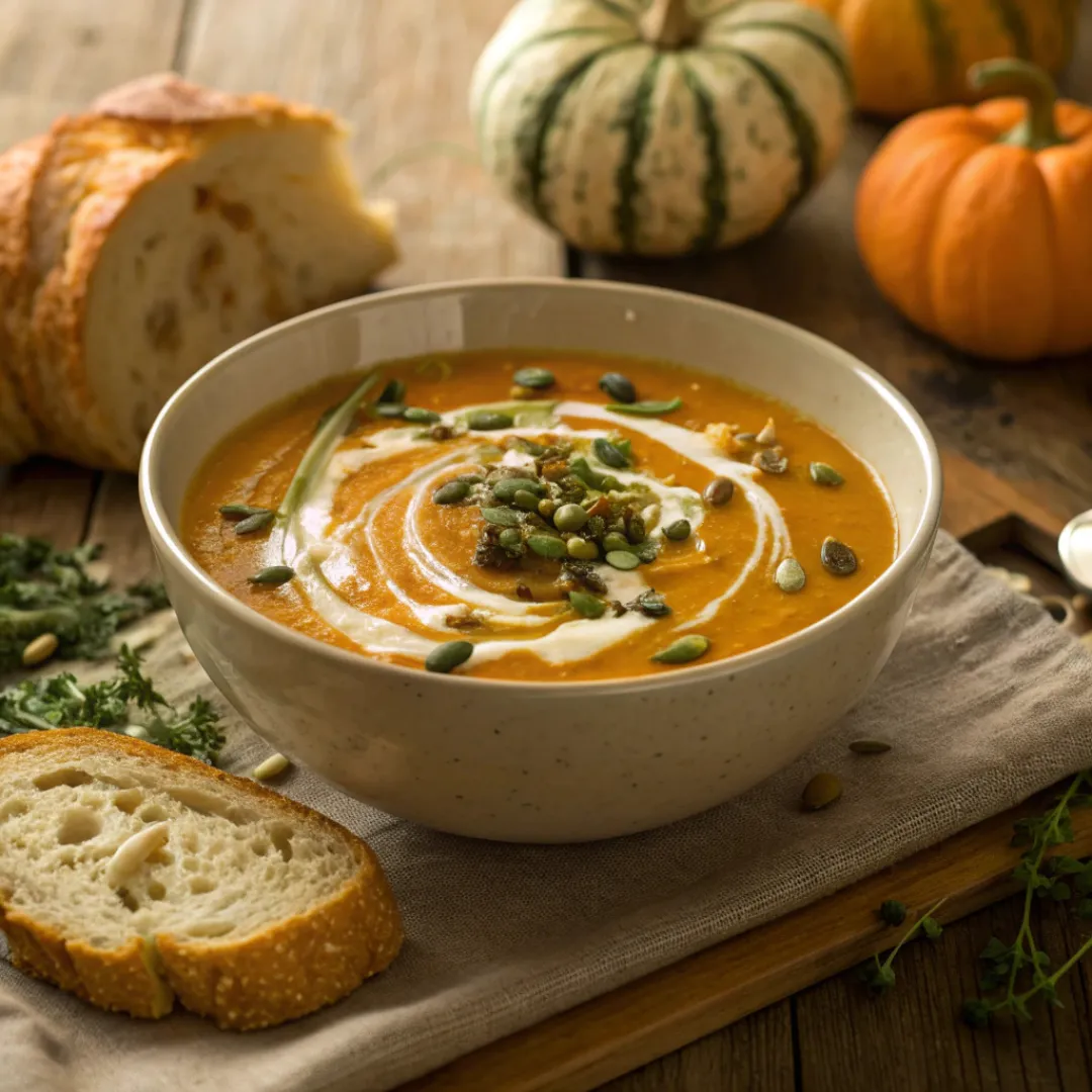 Bowl of roasted pumpkin soup with cream, seeds, and herbs
