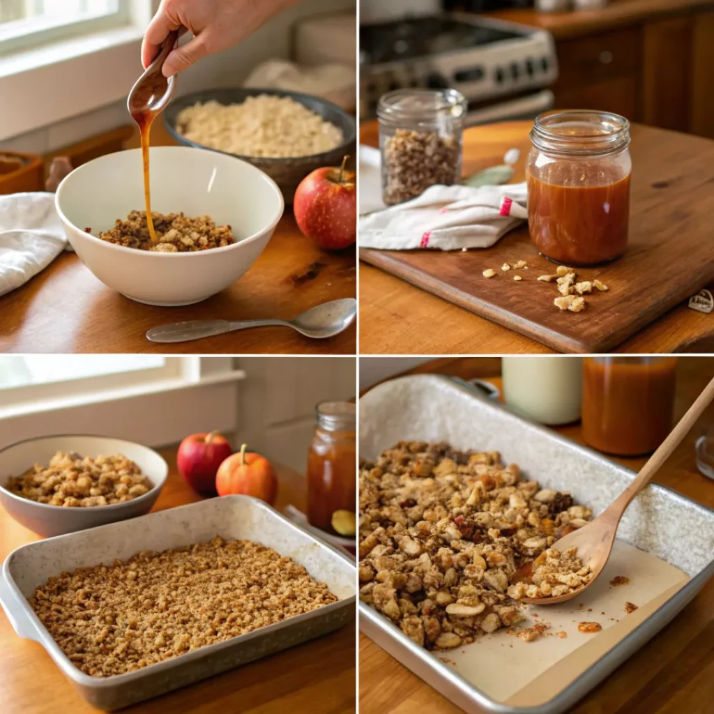 Step-by-step process of making apple cider granola with oats, apples, and nuts