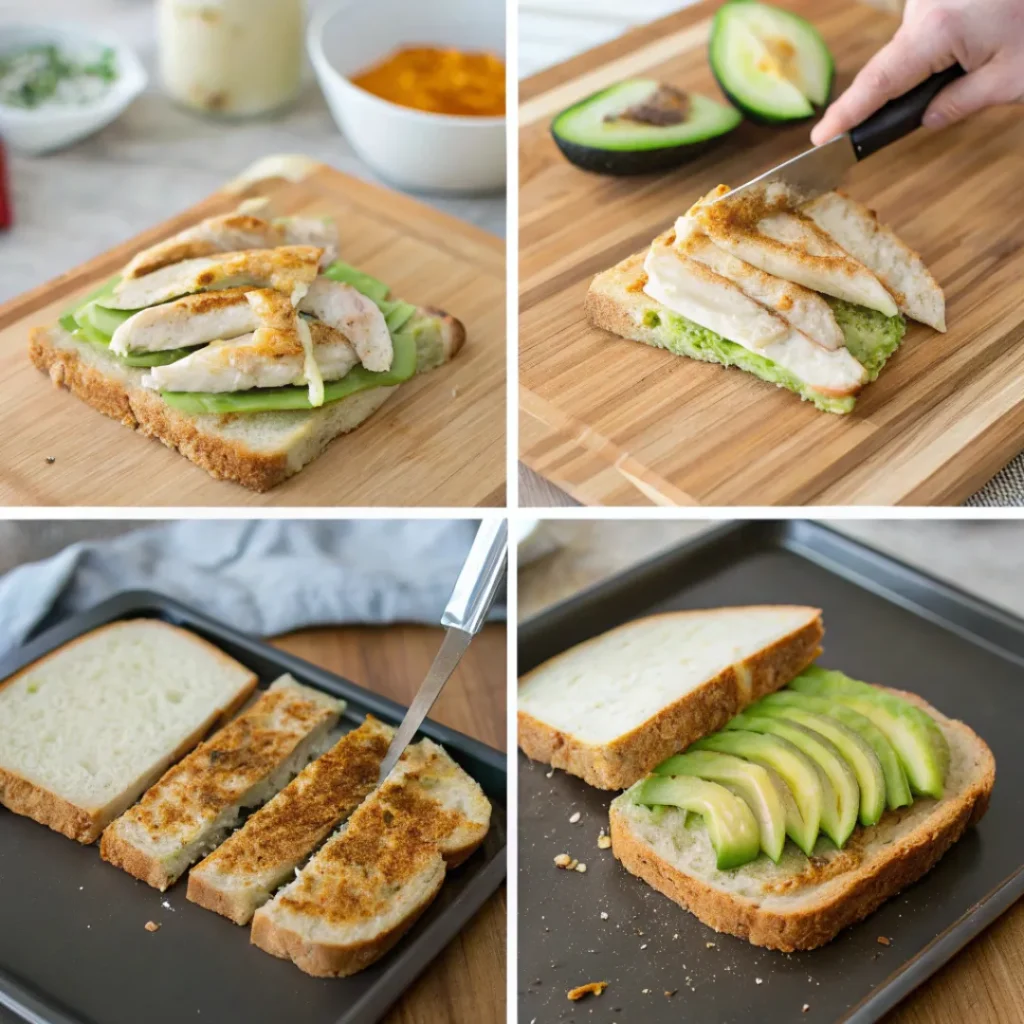 Step-by-step process of making chicken avocado melt sandwich with avocado and cheese