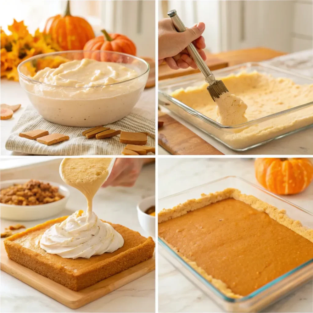 Pumpkin Lush – Creamy Layered Fall Dessert 7 Step-by-step process of making pumpkin lush with creamy layers