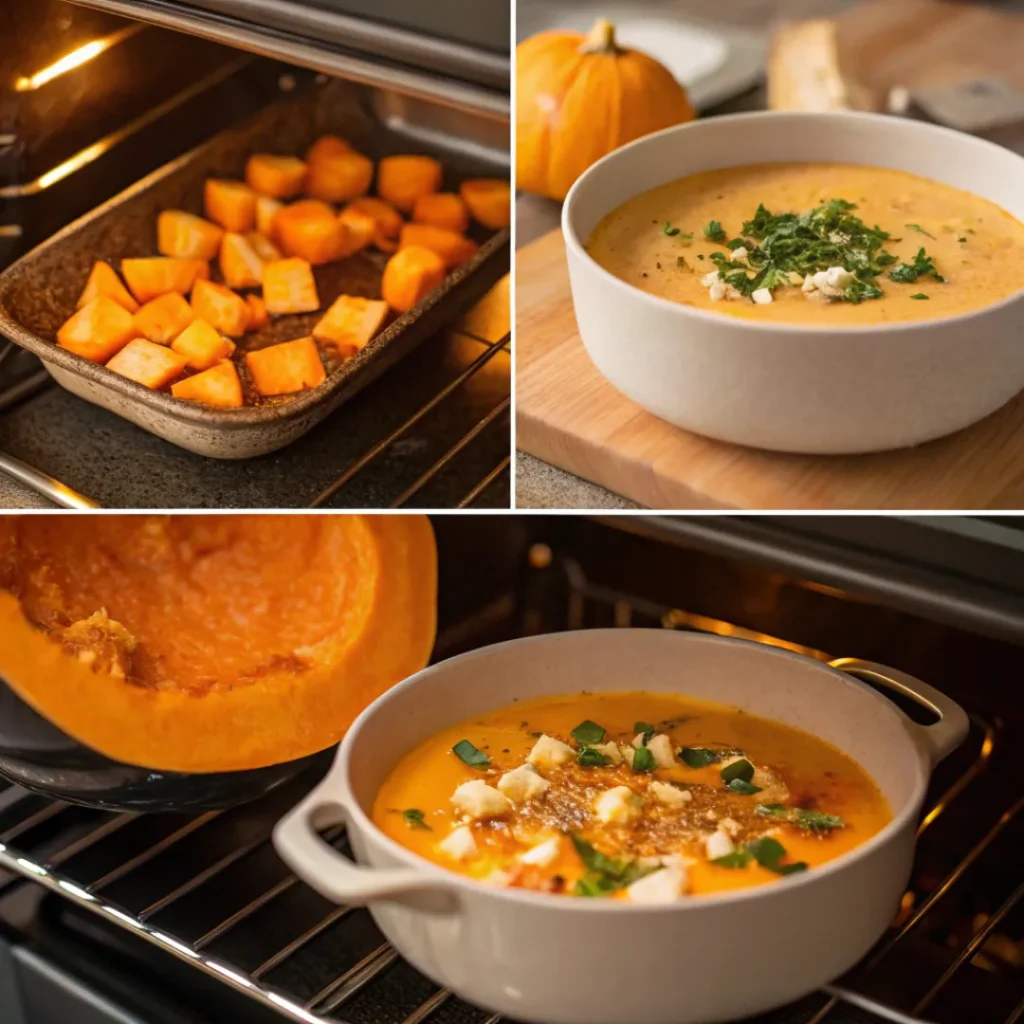 Savory Roasted Pumpkin Soup – Perfect Fall Dinner 7 Step-by-step process of making roasted pumpkin soup with cream and seeds