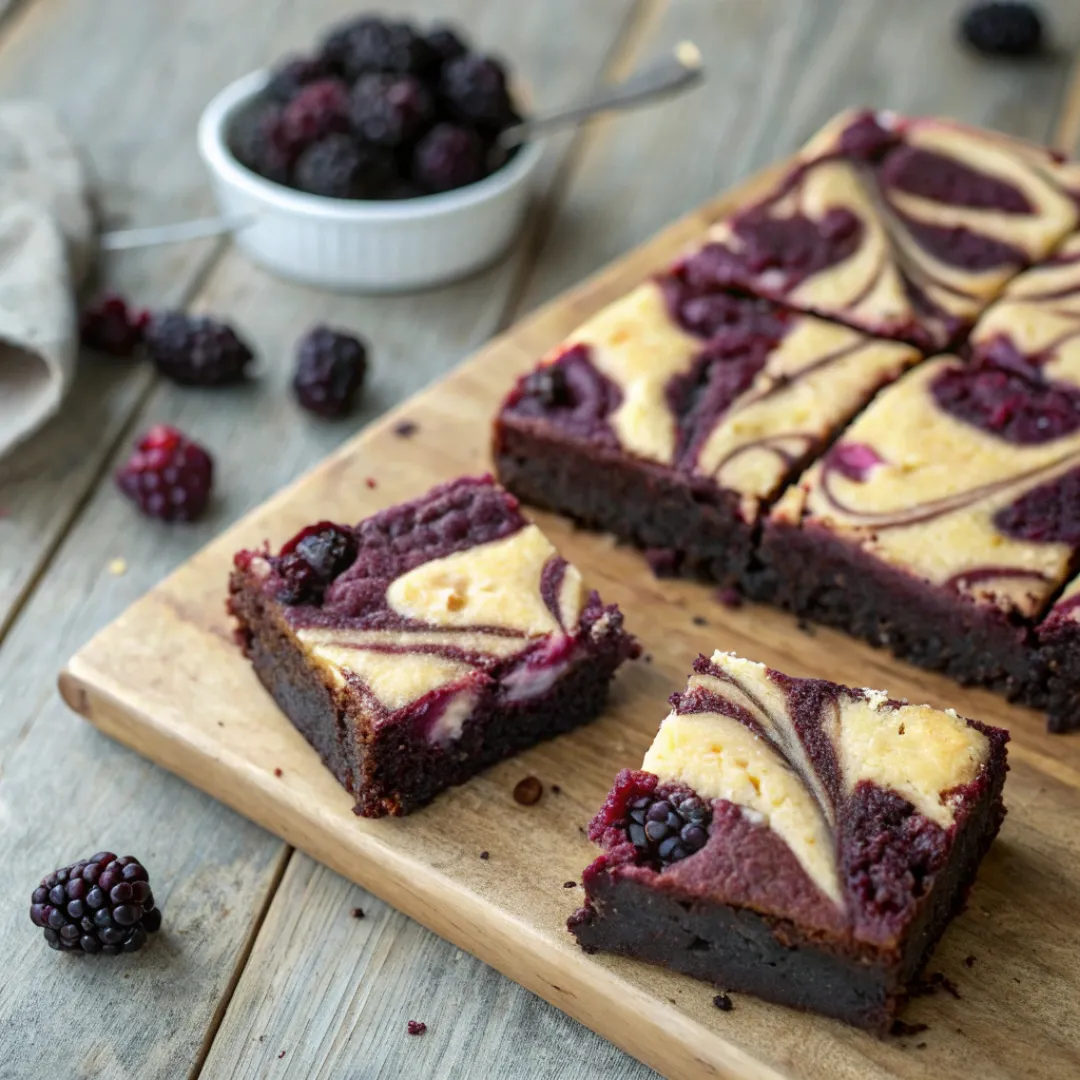 Blackberry Cheesecake Brownies with fresh blackberry swirl