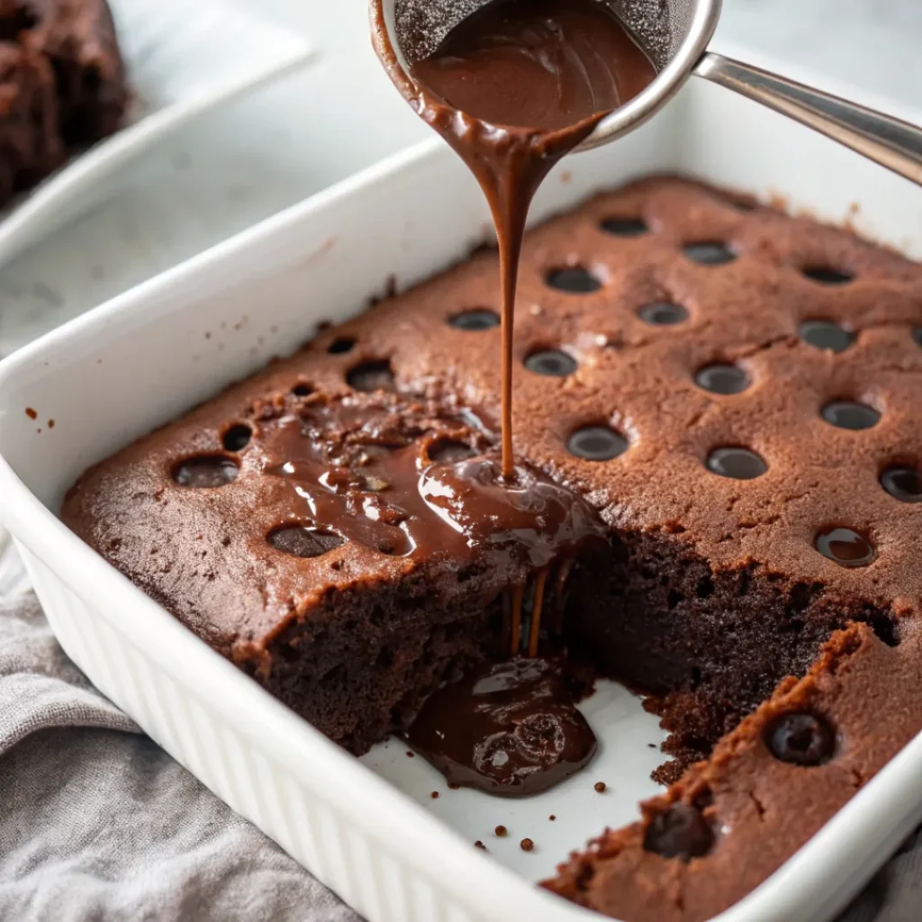Marshmallow Chocolate Poke Cake – Gooey, Creamy & Easy to Make 6 Ganache being poured into chocolate poke cake