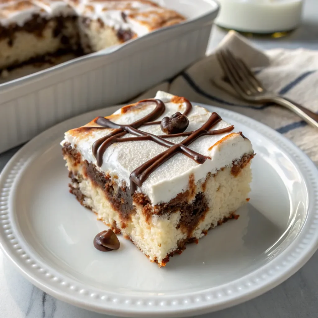 Marshmallow Chocolate Poke Cake – Gooey, Creamy & Easy to Make 8 Slice of Marshmallow Chocolate Poke Cake