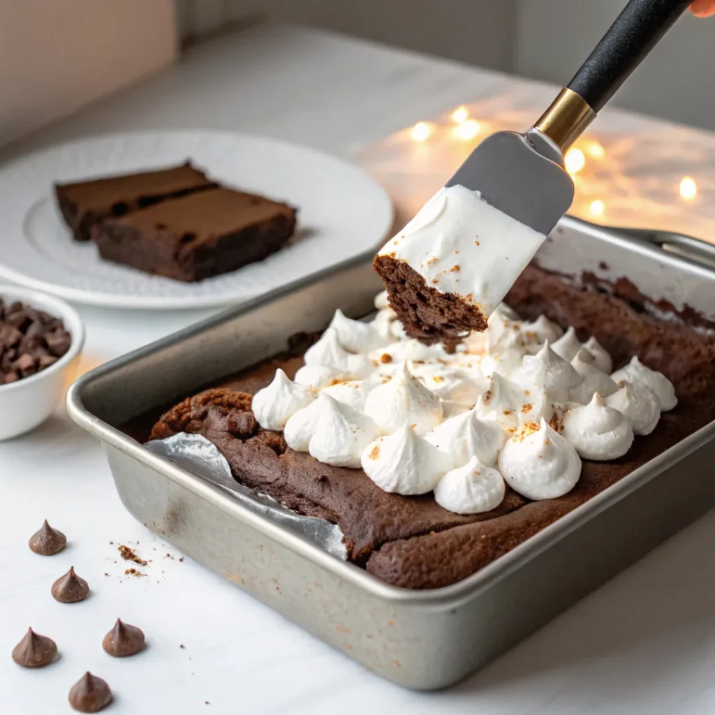 Marshmallow Chocolate Poke Cake – Gooey, Creamy & Easy to Make 7 Spreading marshmallow whipped topping
