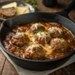 Juicy French Onion Meatballs – Easy Skillet Dinner 9 Meatballs in caramelized onion gravy topped with melted cheese.