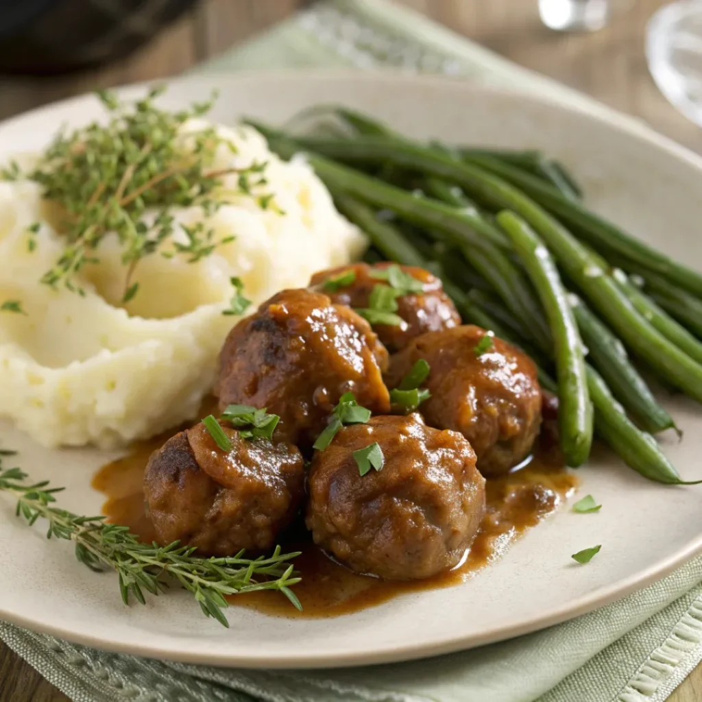 Juicy French Onion Meatballs – Easy Skillet Dinner 8 French onion meatballs served with mashed potatoes and green beans.