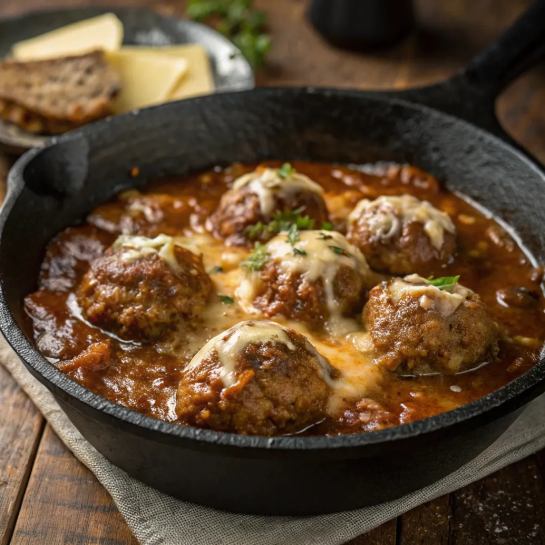 Juicy French Onion Meatballs – Easy Skillet Dinner 5 Meatballs in caramelized onion gravy topped with melted cheese.