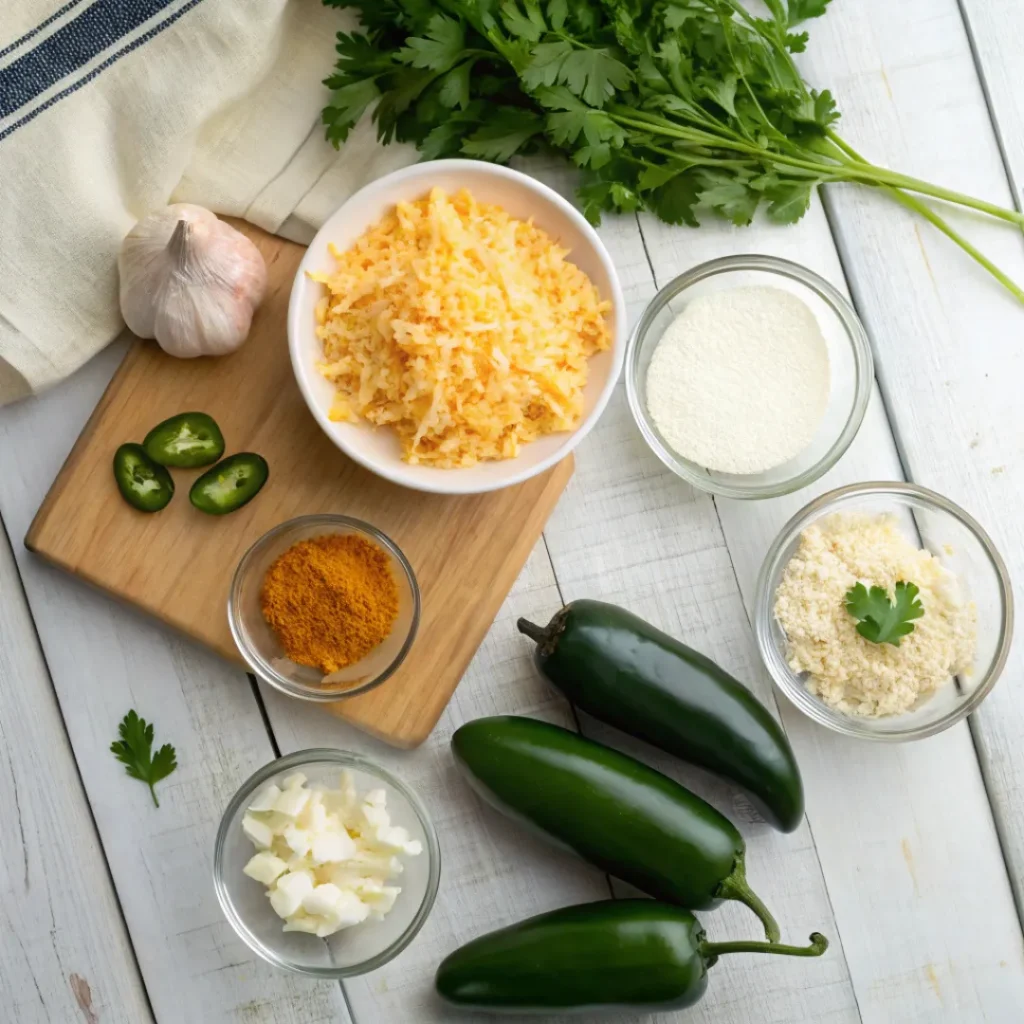 Baked Cheesy Jalapeno Poppers – Simple & Delicious 6 Fresh jalapenos, cream cheese, cheddar, and breadcrumbs arranged on a table